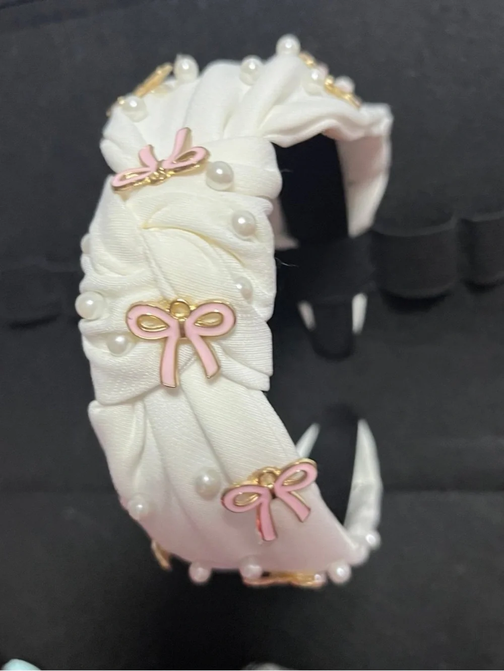White Padded Headband with Pink Bow Accents